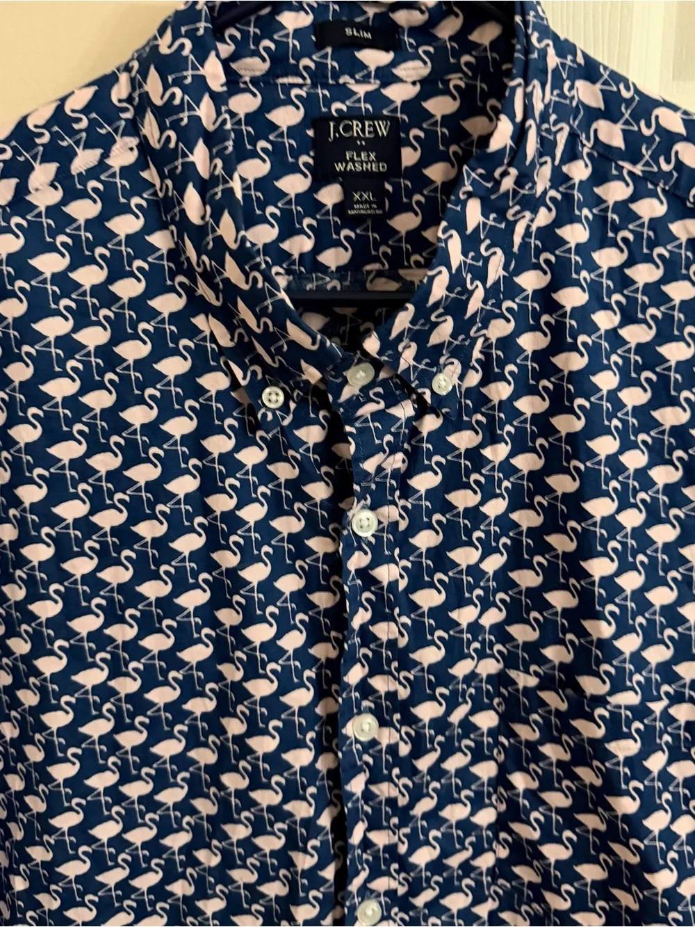 J. Crew Navy Short-Sleeve Button-Down with Light Pink Flamingo Print Sz 2XL
